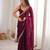 Wine tissue satin embroidered saree with unstitched blouse piece.