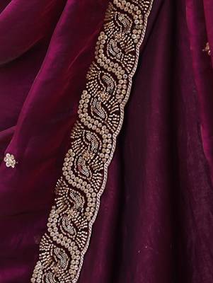 Wine tissue satin embroidered saree with unstitched blouse piece. 3