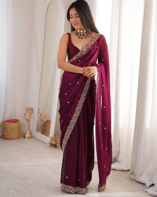Wine tissue satin embroidered saree with unstitched blouse piece. 4