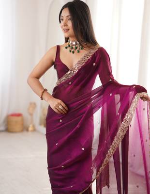Wine tissue satin embroidered saree with unstitched blouse piece. 5