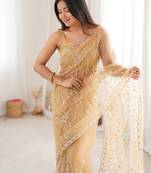 Chiku net beads & stones saree with unstitched blouse piece.