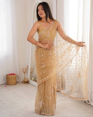 Chiku net beads & stones saree with unstitched blouse piece. 2
