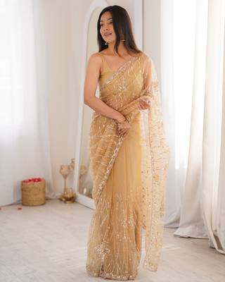 Chiku net beads & stones saree with unstitched blouse piece. 3