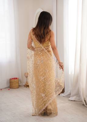 Chiku net beads & stones saree with unstitched blouse piece. 4