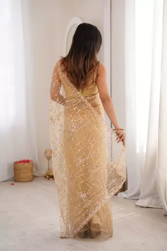 Chiku net beads & stones saree with unstitched blouse piece.