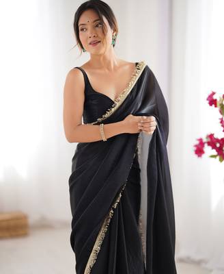 Black tissue satin sequins saree with unstitched blouse piece. 1