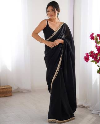 Black tissue satin sequins saree with unstitched blouse piece. 2