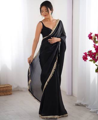 Black tissue satin sequins saree with unstitched blouse piece. 3