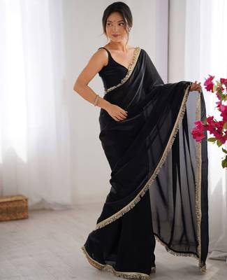 Black tissue satin sequins saree with unstitched blouse piece. 4