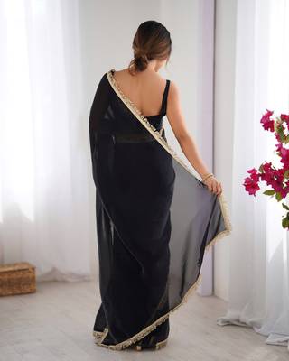 Black tissue satin sequins saree with unstitched blouse piece. 5