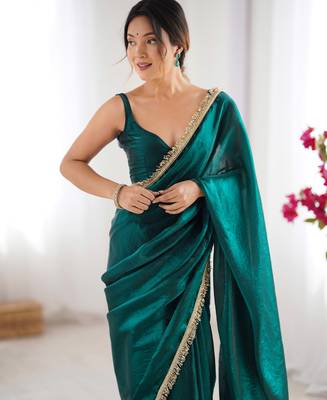 Green tissue satin sequins saree with unstitched blouse piece. 1