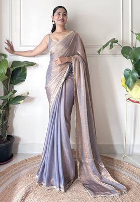 Lilac tissue satin sequins saree with unstitched blouse piece. 3