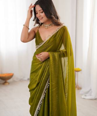 Mehendi tissue satin sequins saree with unstitched blouse piece. 1