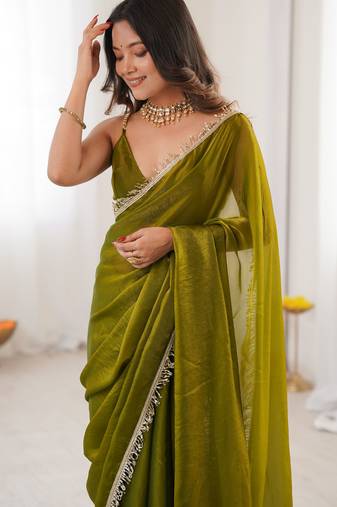 Mehendi tissue satin sequins saree with unstitched blouse piece.