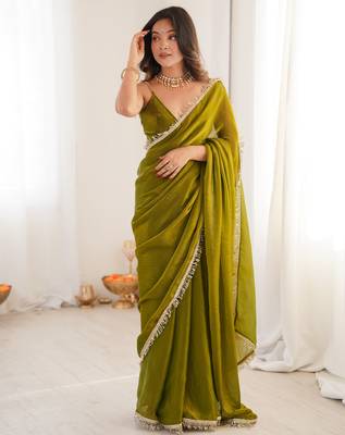 Mehendi tissue satin sequins saree with unstitched blouse piece. 2