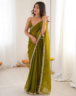 Mehendi tissue satin sequins saree with unstitched blouse piece. 3