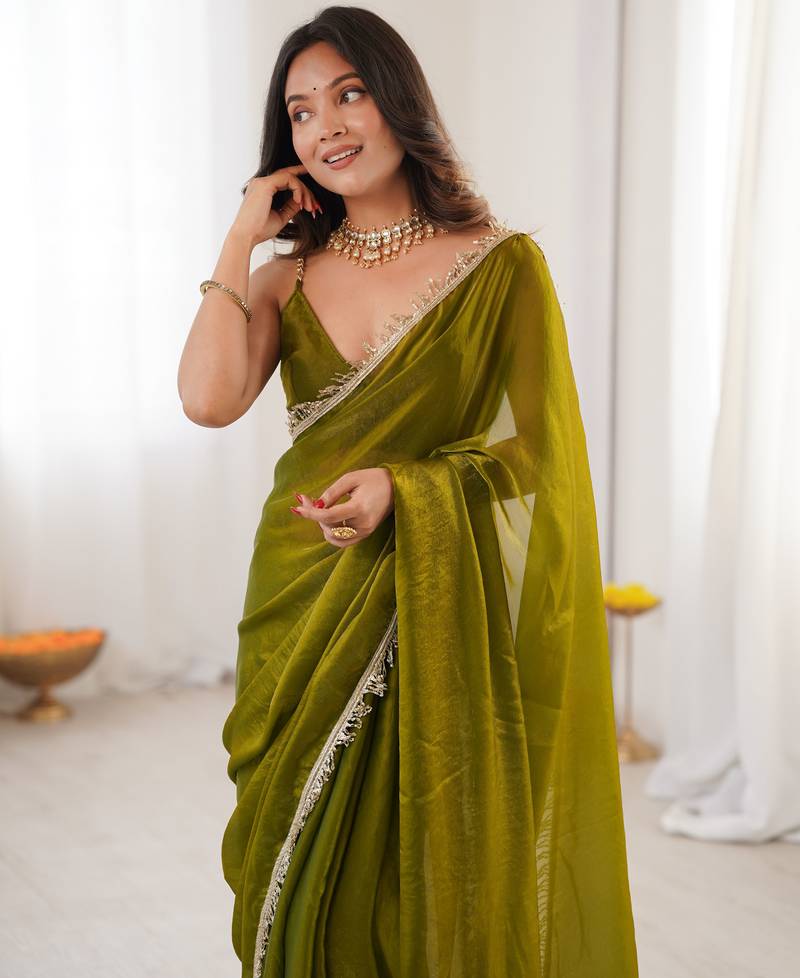Mehendi tissue satin sequins saree with unstitched blouse piece.