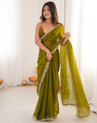 Mehendi tissue satin sequins saree with unstitched blouse piece. 5
