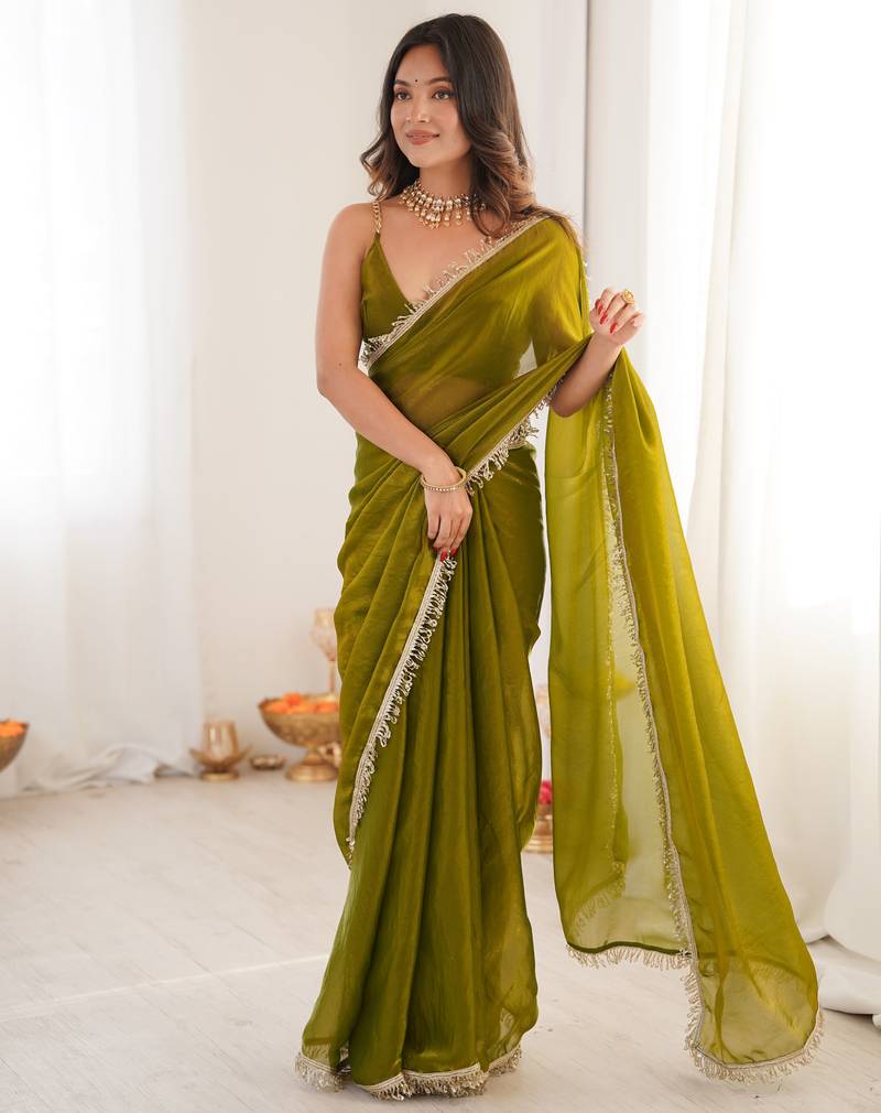 Mehendi tissue satin sequins saree with unstitched blouse piece.