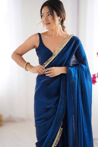 Navy blue tissue satin sequins saree with unstitched blouse piece.