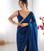 Navy blue tissue satin sequins saree with unstitched blouse piece.