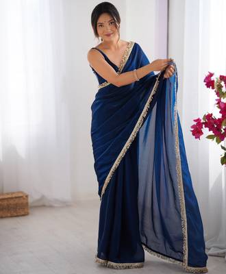 Navy blue tissue satin sequins saree with unstitched blouse piece. 2
