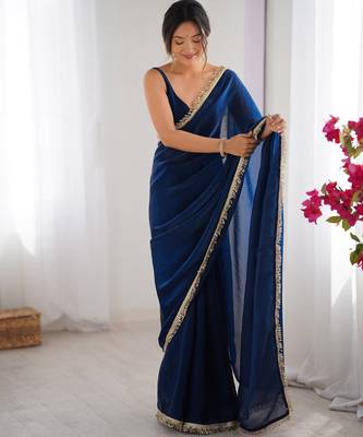Navy blue tissue satin sequins saree with unstitched blouse piece. 3