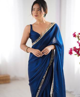 Navy blue tissue satin sequins saree with unstitched blouse piece. 4