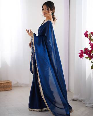 Navy blue tissue satin sequins saree with unstitched blouse piece. 5