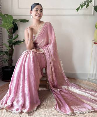 Onion tissue satin sequins saree with unstitched blouse piece. 1