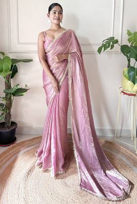 Onion tissue satin sequins saree with unstitched blouse piece. 2