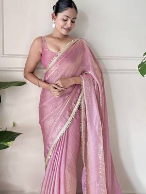 Onion tissue satin sequins saree with unstitched blouse piece. 4