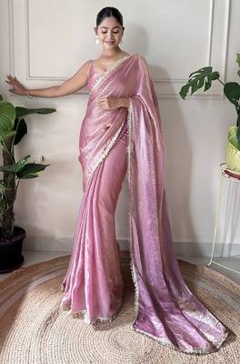 Onion tissue satin sequins saree with unstitched blouse piece. 5