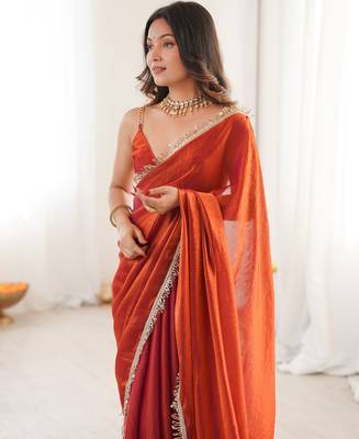 Orange tissue satin sequins saree with unstitched blouse piece. 5