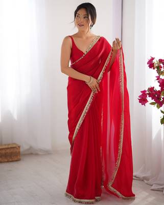 Red tissue satin sequins saree with unstitched blouse piece. 2