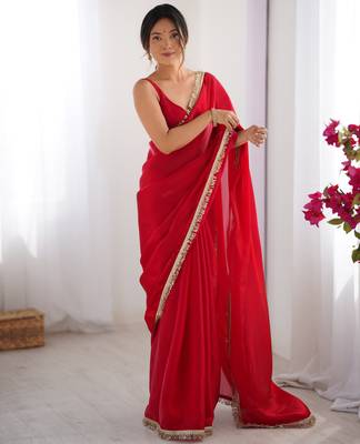 Red tissue satin sequins saree with unstitched blouse piece. 3