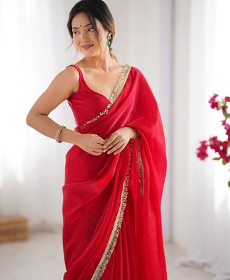 Red tissue satin sequins saree with unstitched blouse piece. 4