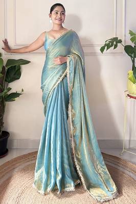 Sky blue tissue satin sequins saree with unstitched blouse piece. 2