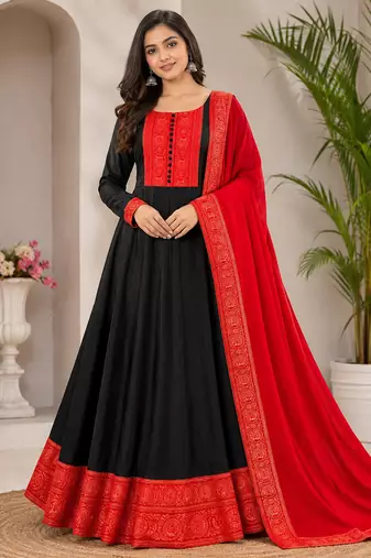 black color rich red-gold zari border with traditional motifs silk blend gown set