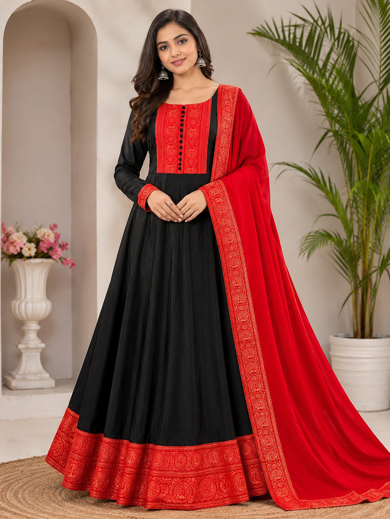 black color rich red-gold zari border with traditional motifs silk blend gown set