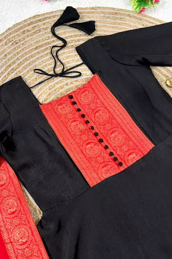 black color rich red-gold zari border with traditional motifs silk blend gown set