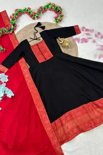 black color rich red-gold zari border with traditional motifs silk blend gown set