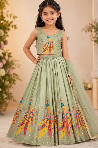 Mintgreen chinon silk sequence embroidery work lehenga choli for kids
