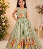 Mintgreen chinon silk sequence embroidery work lehenga choli for kids