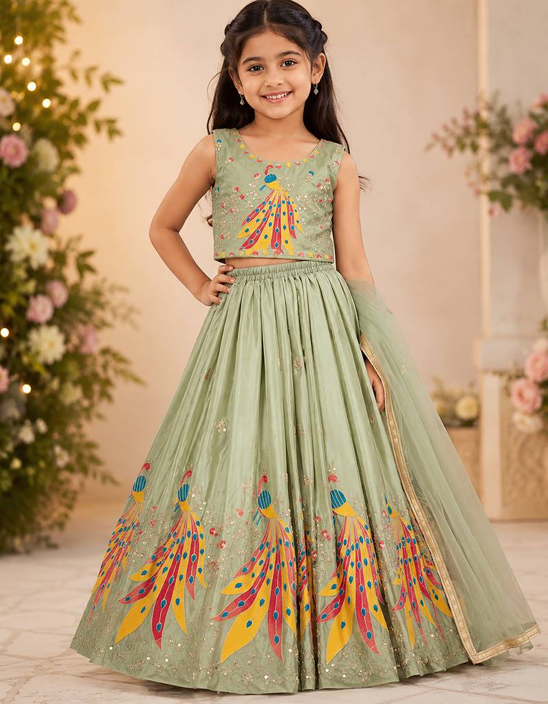 Mintgreen chinon silk sequence embroidery work lehenga choli for kids