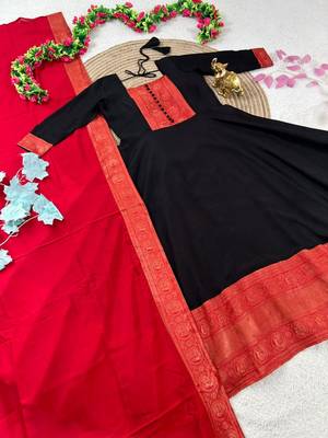 black color rich red-gold zari border with traditional motifs silk blend gown set 5