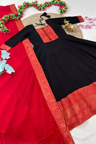 black color rich red-gold zari border with traditional motifs silk blend gown set