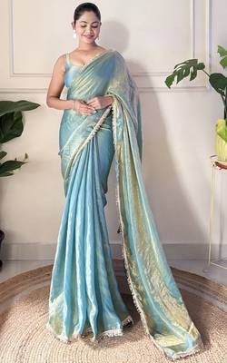 Sky blue tissue satin sequins saree with unstitched blouse piece. 4