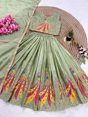 Mintgreen chinon silk sequence embroidery work lehenga choli for kids 2