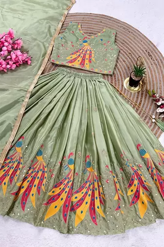Mintgreen chinon silk sequence embroidery work lehenga choli for kids